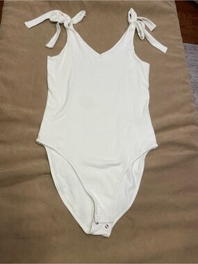Ribbed White Tie-Shoulder One-Piece Bodysuit